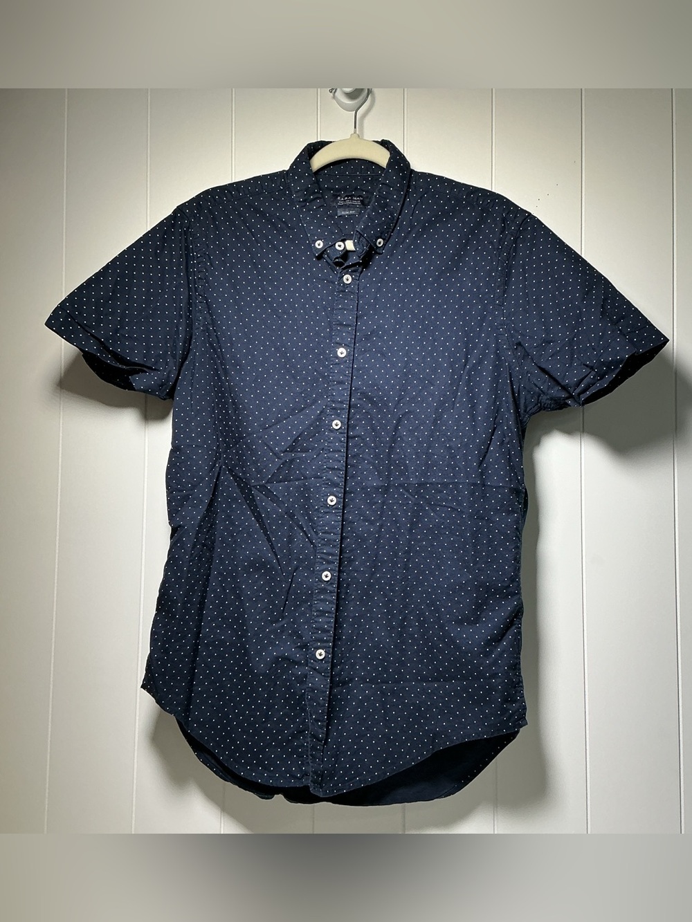 Zara Man Button Up Shirt Large Slim Fit Short Sleeve Cotton Blue W/ White Dots